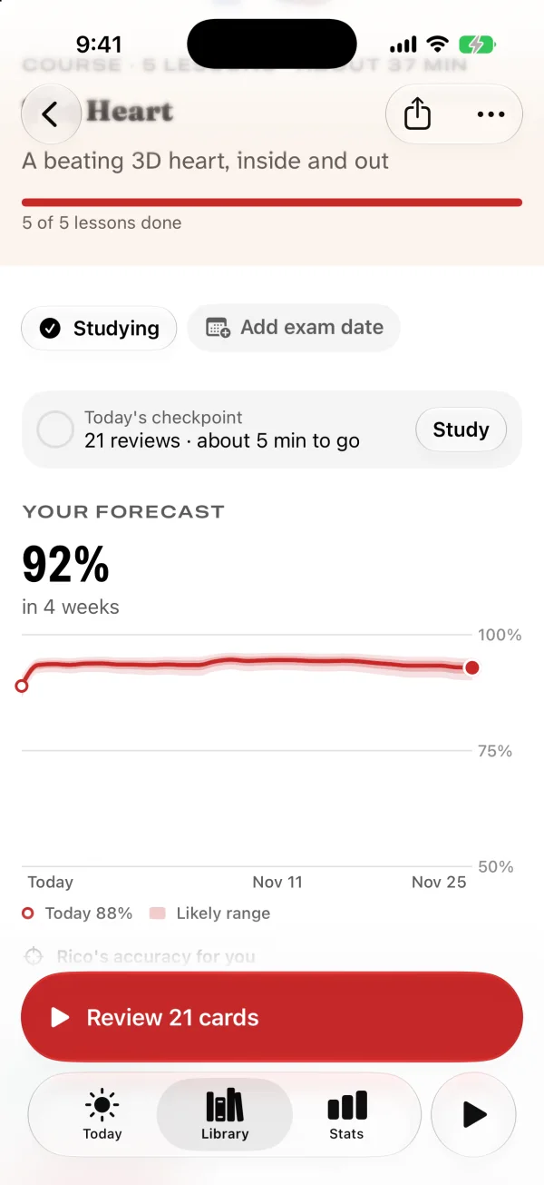 A course page forecast: 92% likely remembered in 4 weeks, with a line from today to the exam and a shaded likely range.
