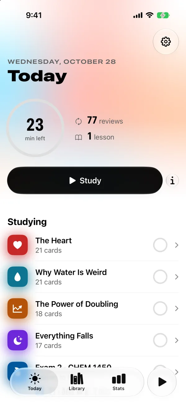 The Today screen: 23 minutes left, 77 reviews and 1 lesson, a Study button, and the courses being studied.