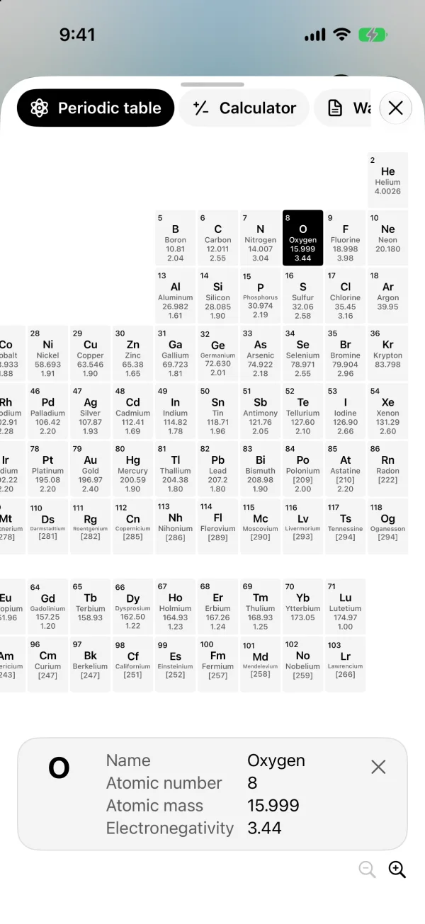 The periodic table open over a card, with oxygen selected: atomic number 8, mass 15.999, electronegativity 3.44.