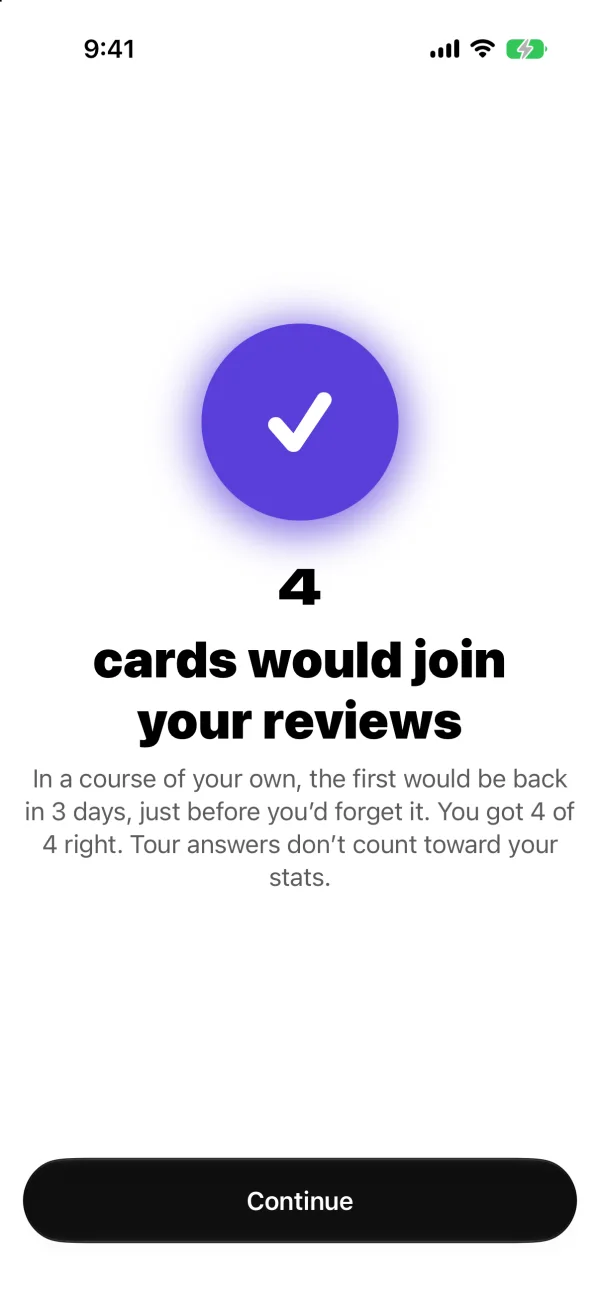 End of a lesson: a large check mark and “4 cards would join your reviews.”